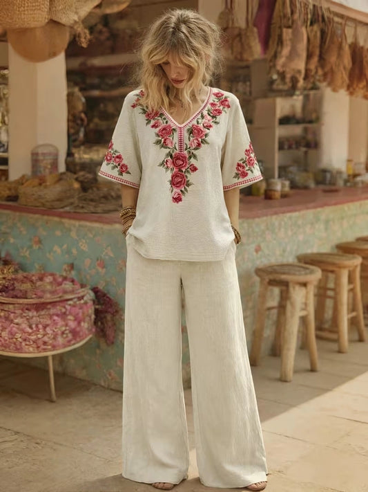 Women's Vintage Floral V-Neck Co-Ord Set with Relaxed Wide-Leg Pants
