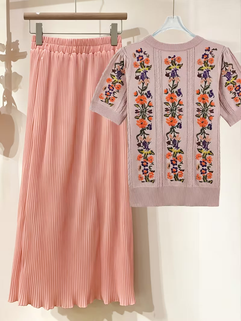 Rose Embroidery Top & Midi Skirt Set