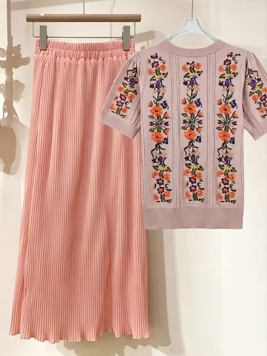 Rose Embroidery Top & Midi Skirt Set