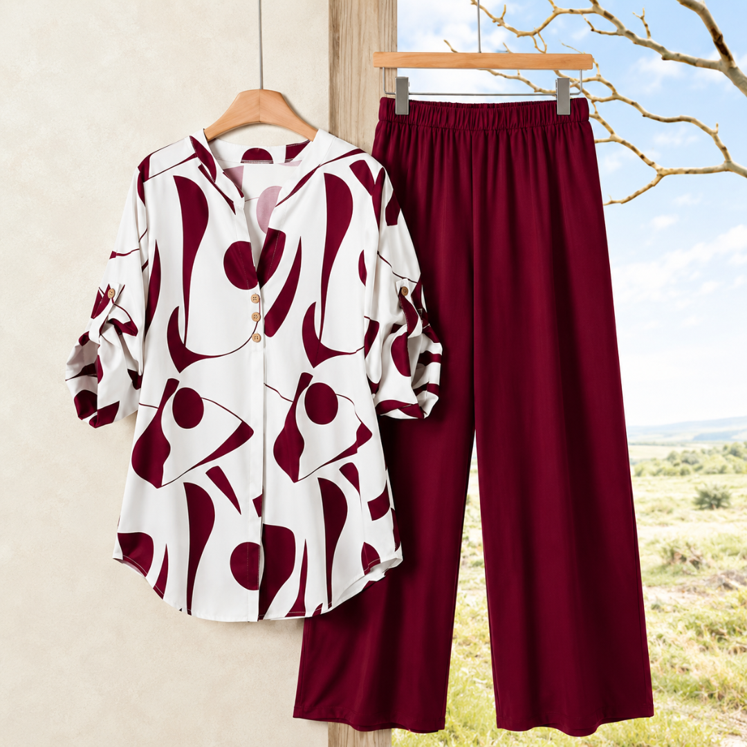 Elegant Abstract Print Shirt & Wide-Leg Pants Set