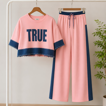 Women's Denim Patchwork 2-Piece Co-Ord Set | Premium Top & Straight-Leg Pants