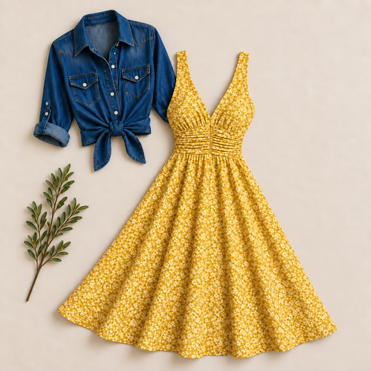 Women’s Printed Dress with Denim Shirt Set