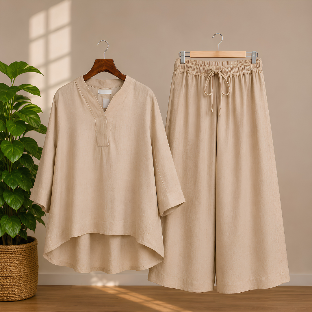 Elegant Black Kaftan Top & Wide-Leg Pants Set