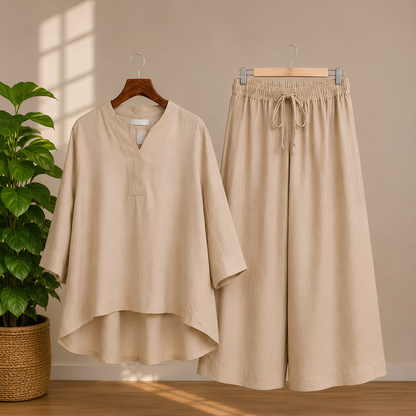 Elegant Black Kaftan Top & Wide-Leg Pants Set