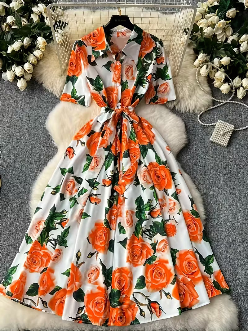 Women's Premium Floral Belted Midi Dress