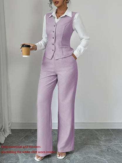 Women's Sleeveless Waist-Cinched Vest & Wide-Leg Pants Two-Piece Set