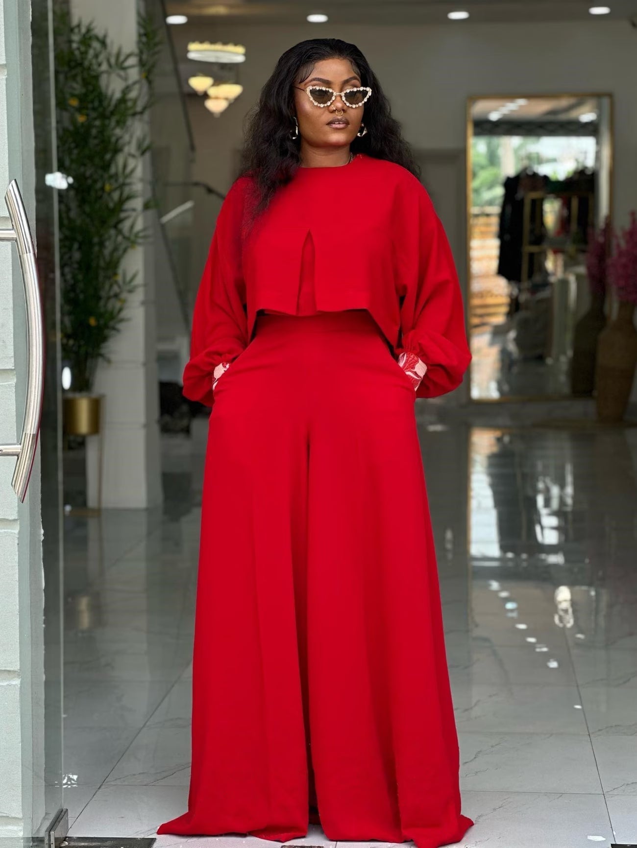 Plus Size Elegant Lantern Sleeve Top & Wide-Leg Pants Set