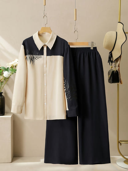 Women’s Solid Button-Down Shirt & Pant Set