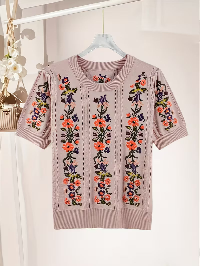 Rose Embroidery Top & Midi Skirt Set