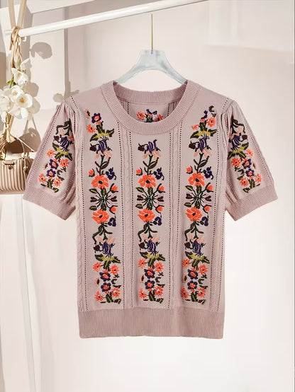 Rose Embroidery Top & Midi Skirt Set
