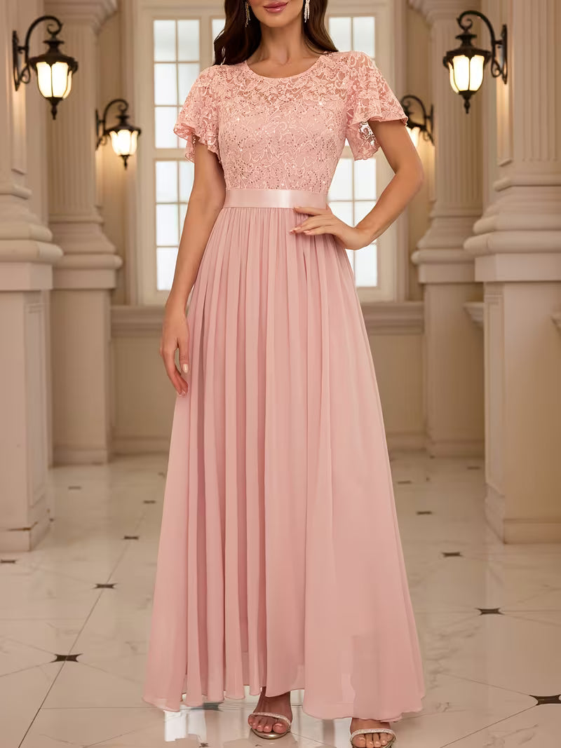 Women's Lace Round Neck Maxi Dress | Formal Party Wear