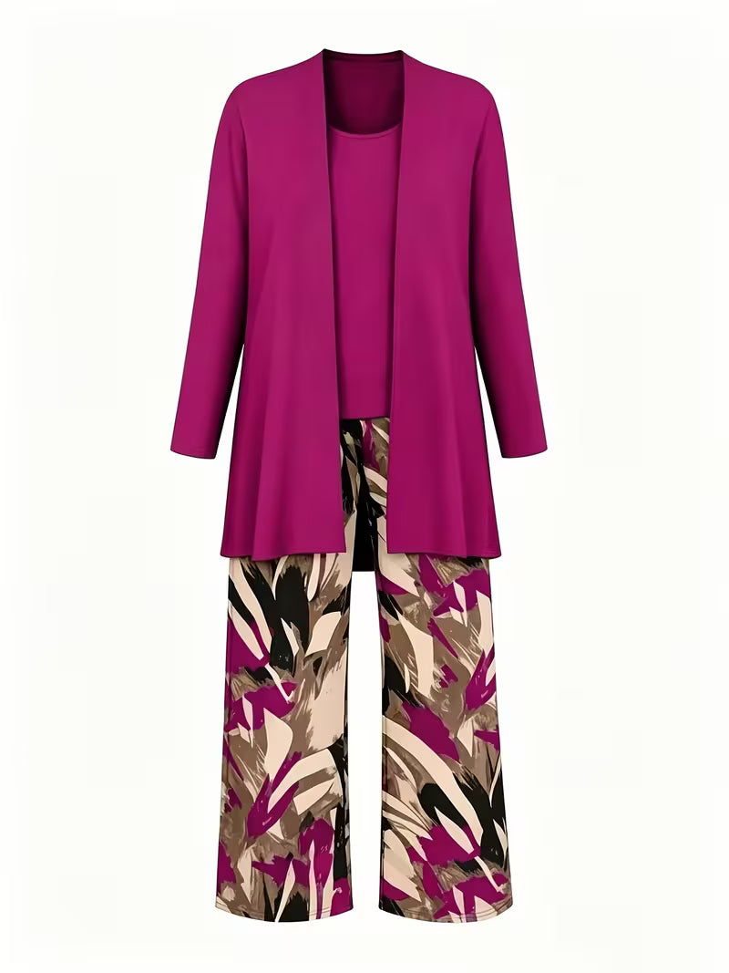 Women's 3-Piece Printed Co-Ord Set | Cardigan, Tank Top & Wide-Leg Pants