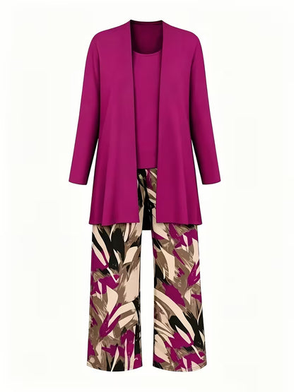 Women's 3-Piece Printed Co-Ord Set | Cardigan, Tank Top & Wide-Leg Pants