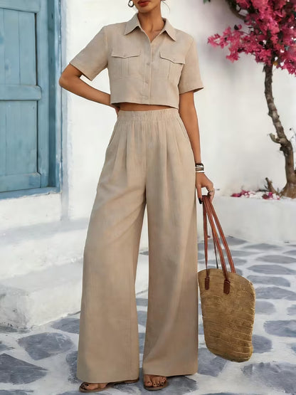 Women's Solid Lapel 2-Piece Co-Ord Set | Elegant Shirt & Wide-Leg Pants Outfit