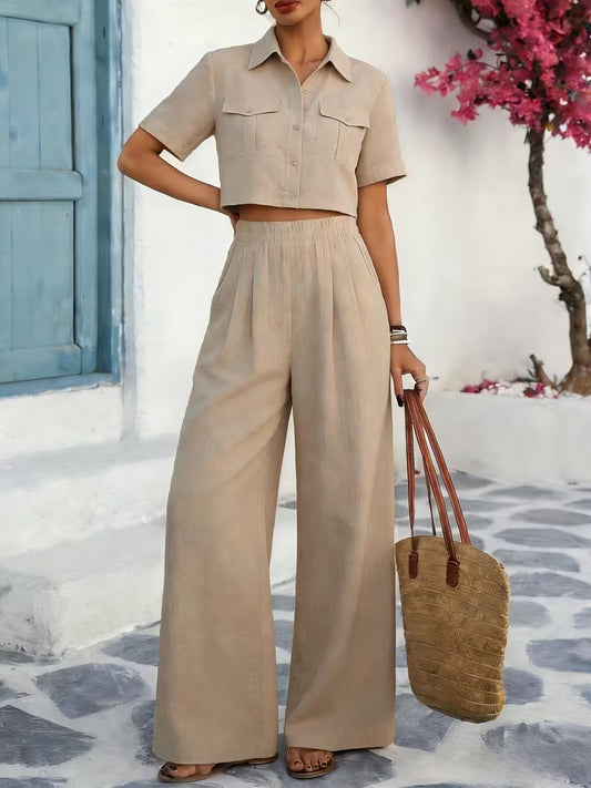 Women's Solid Lapel 2-Piece Co-Ord Set | Elegant Shirt & Wide-Leg Pants Outfit