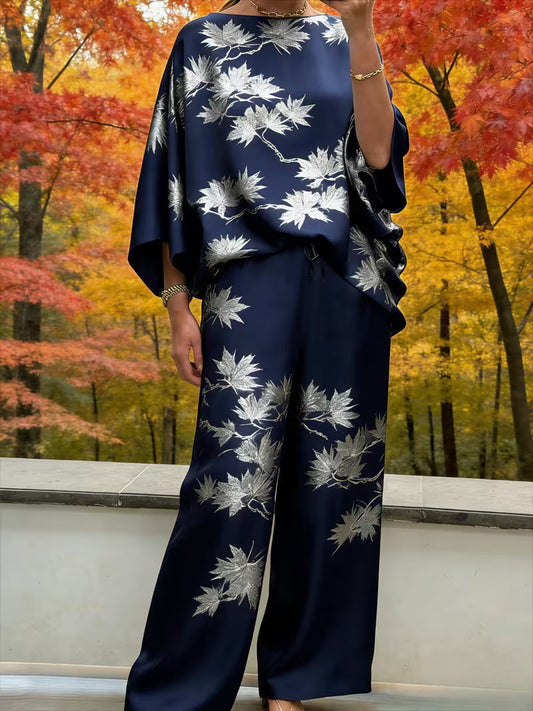 Plus Size Off-Shoulder Batwing Sleeve Printed 2-Piece Set