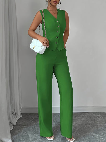 Women's Sleeveless Waist-Cinched Vest & Wide-Leg Pants Two-Piece Set