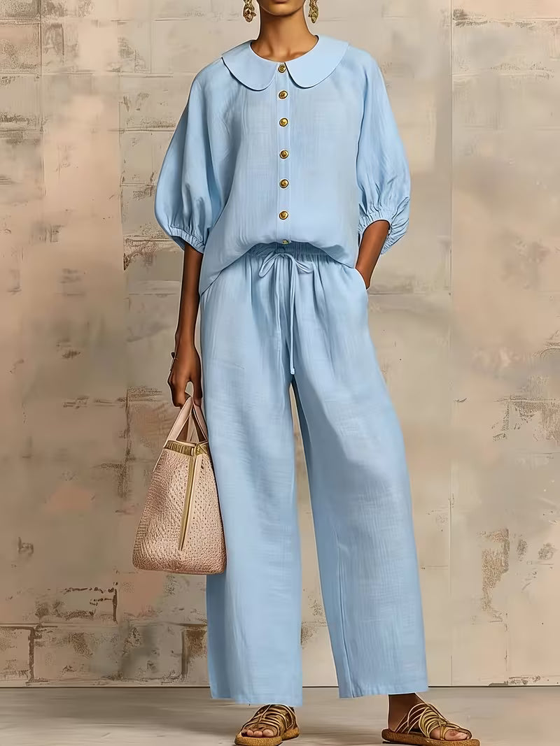 Women's Peter Pan Collar 2-Piece Co-Ord Set | Elegant Shirt & Wide-Leg Pants