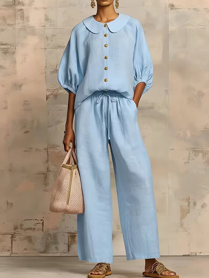 Women's Peter Pan Collar 2-Piece Co-Ord Set | Elegant Shirt & Wide-Leg Pants