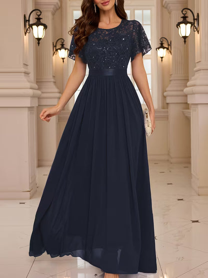 Women's Lace Round Neck Maxi Dress | Formal Party Wear