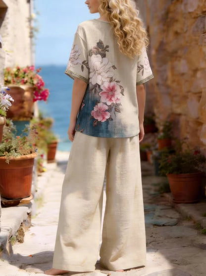 Women's Vintage Floral V-Neck Co-Ord Set with Relaxed Wide-Leg Pants