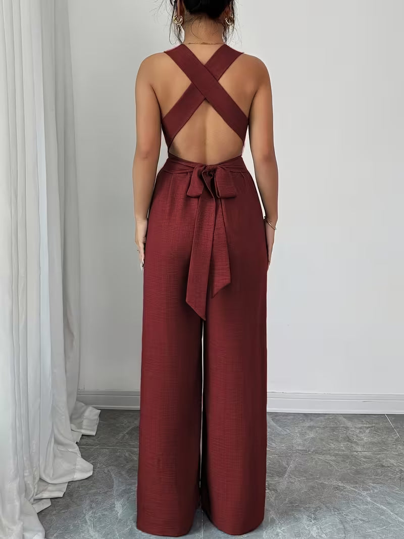 Elegant Cross-Back Wide Leg Jumpsuit for Women – Sleeveless Backless Casual Party Romper