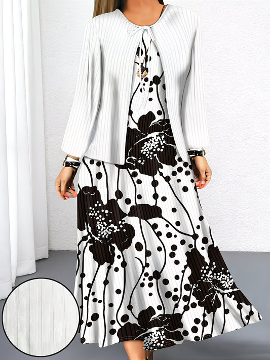 Women's Botanical Print Dress & Tie-Front Cardigan Two-Piece Set