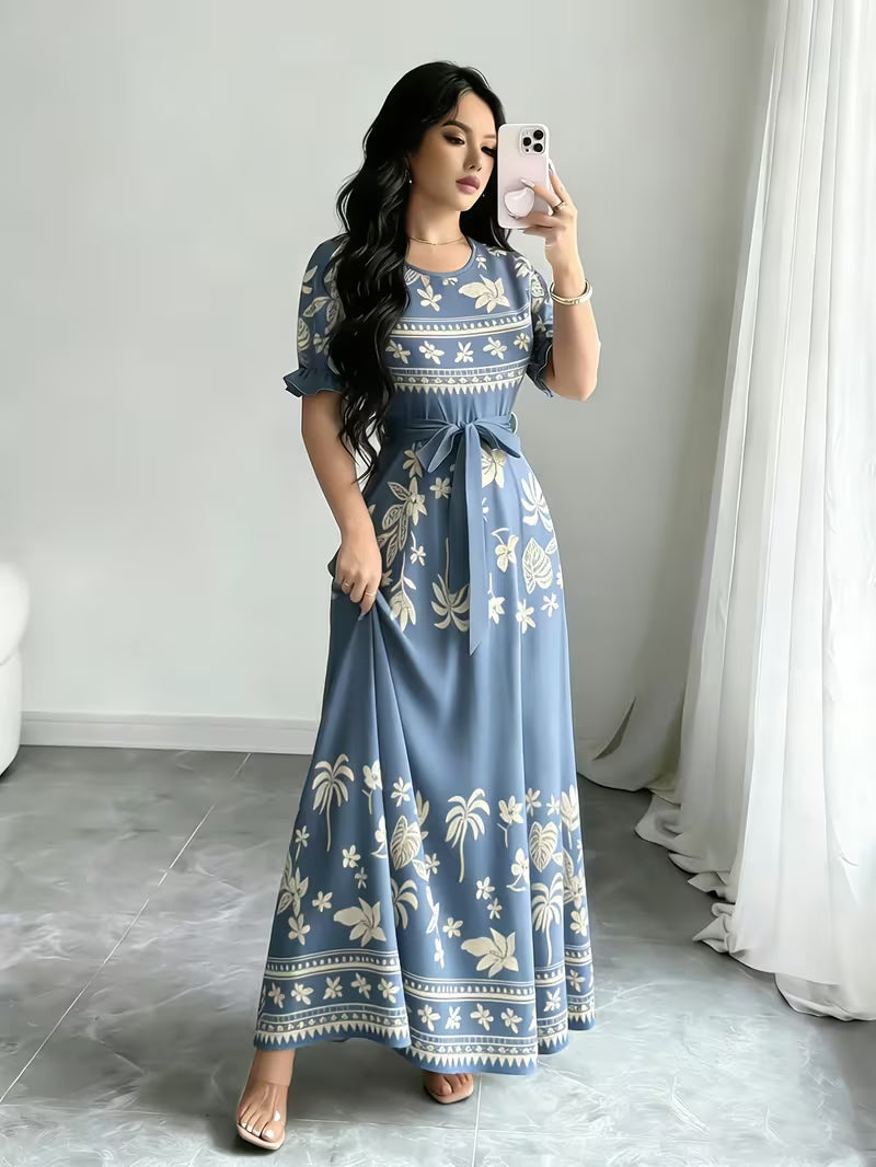 Women's Printed Belted Maxi Dress | Elegant Puff Sleeve Summer Dress