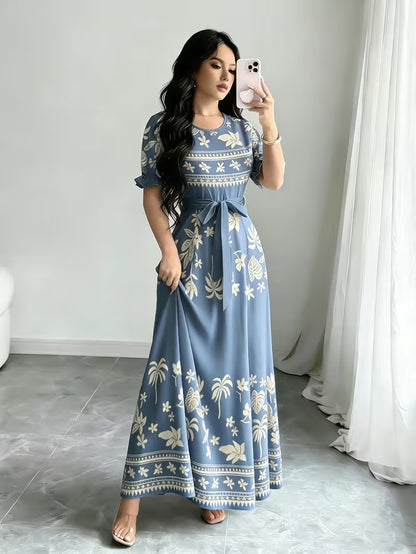 Women's Printed Belted Maxi Dress | Elegant Puff Sleeve Summer Dress