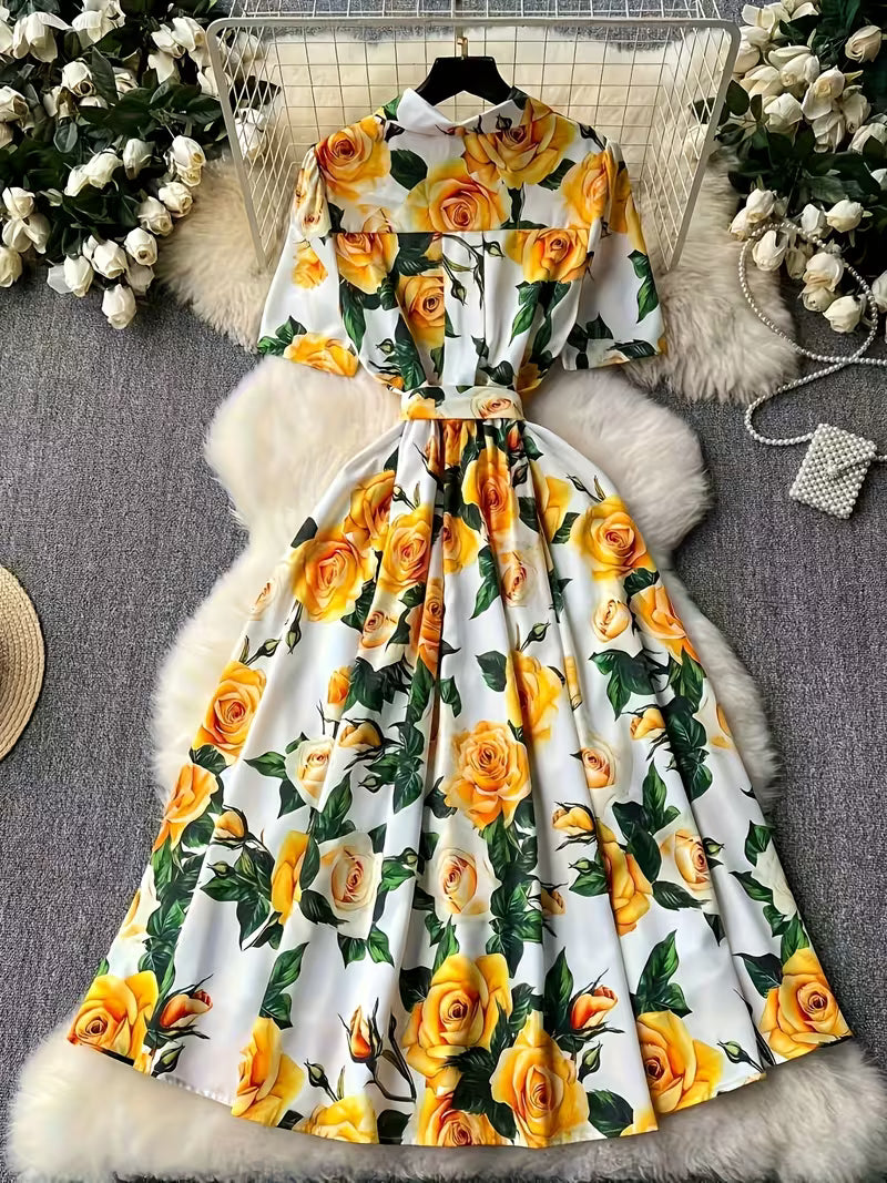 Women's Premium Floral Belted Midi Dress