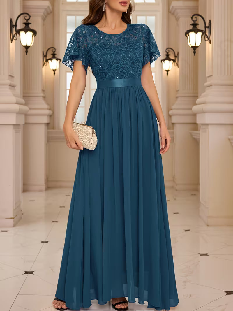 Women's Lace Round Neck Maxi Dress | Formal Party Wear