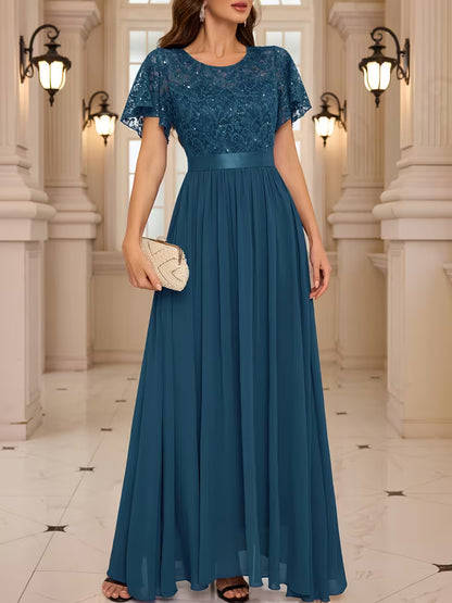 Women's Lace Round Neck Maxi Dress | Formal Party Wear