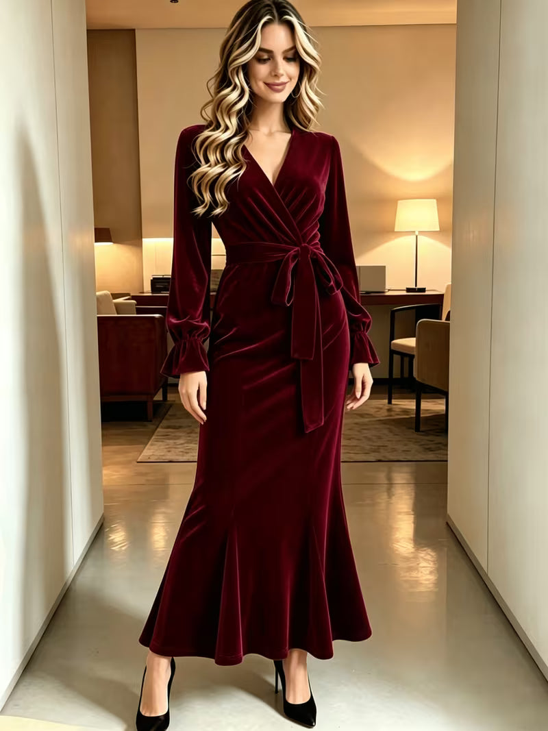 Women's Velvet Mermaid Maxi Dress | Elegant V-Neck Evening Gown