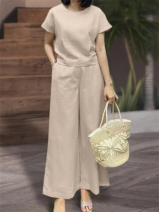 Women's Solid Color Short Sleeve Top & Wide-Leg Pants Co-Ord Set