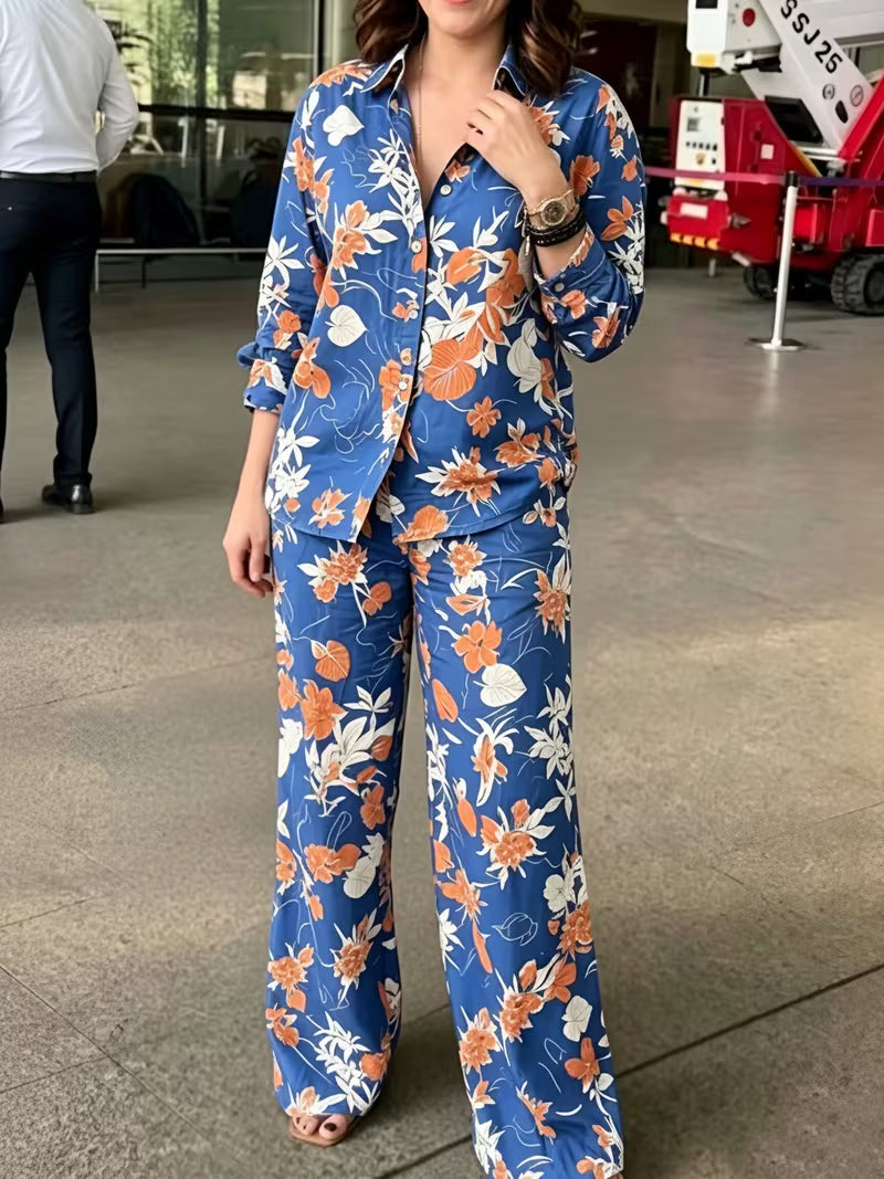 Women's Vintage Floral 2-Piece Co-Ord Set | Botanical Shirt & Straight-Leg Pants