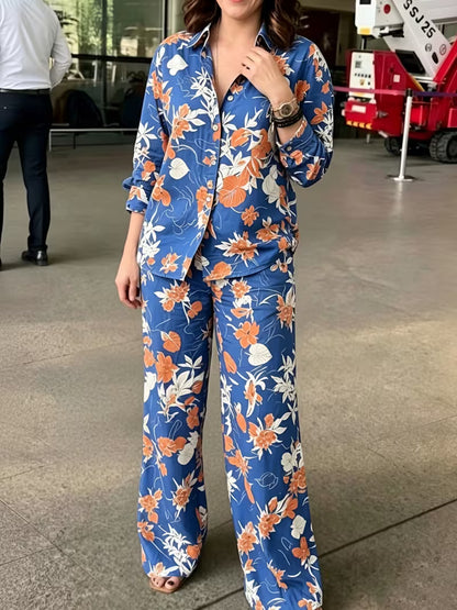 Women's Vintage Floral 2-Piece Co-Ord Set | Botanical Shirt & Straight-Leg Pants