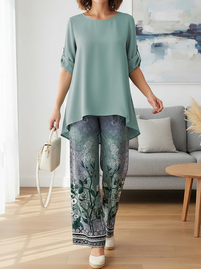 Elegant Leaf Print High-Low Co-Ord Set
