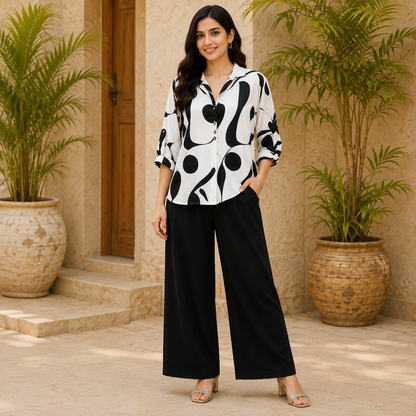Elegant Abstract Print Shirt & Wide-Leg Pants Set