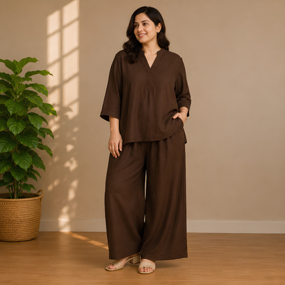 Elegant Black Kaftan Top & Wide-Leg Pants Set