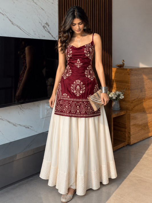 Women’s Embroidered Kurti & Flared Skirt Set