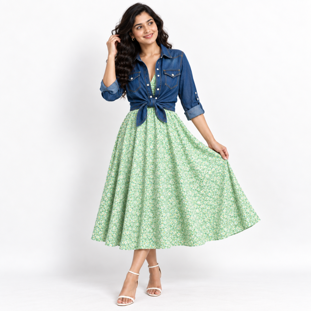 Women’s Printed Dress with Denim Shirt Set
