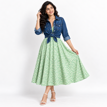 Women’s Printed Dress with Denim Shirt Set