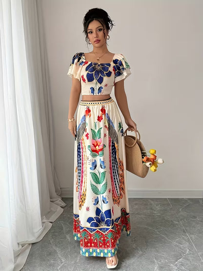 Women's Premium Printed Crop Top & Maxi Skirt Set