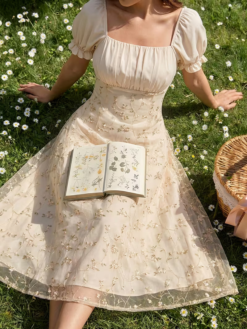 Women's Vintage Floral Puff Sleeve Midi Dress