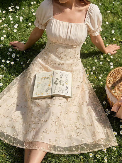 Women's Vintage Floral Puff Sleeve Midi Dress