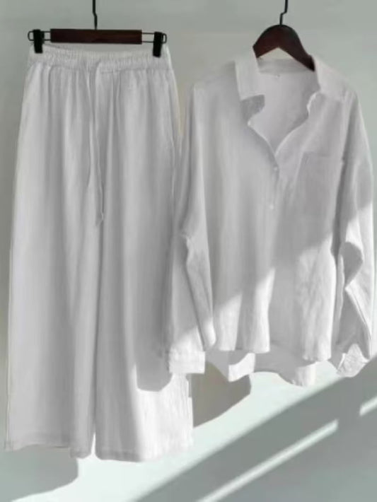 Vintage Linen Shirt Set with High-Waisted Wide-Leg Pants 2pcs Set