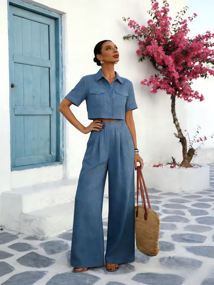 Women's Solid Lapel 2-Piece Co-Ord Set | Elegant Shirt & Wide-Leg Pants Outfit