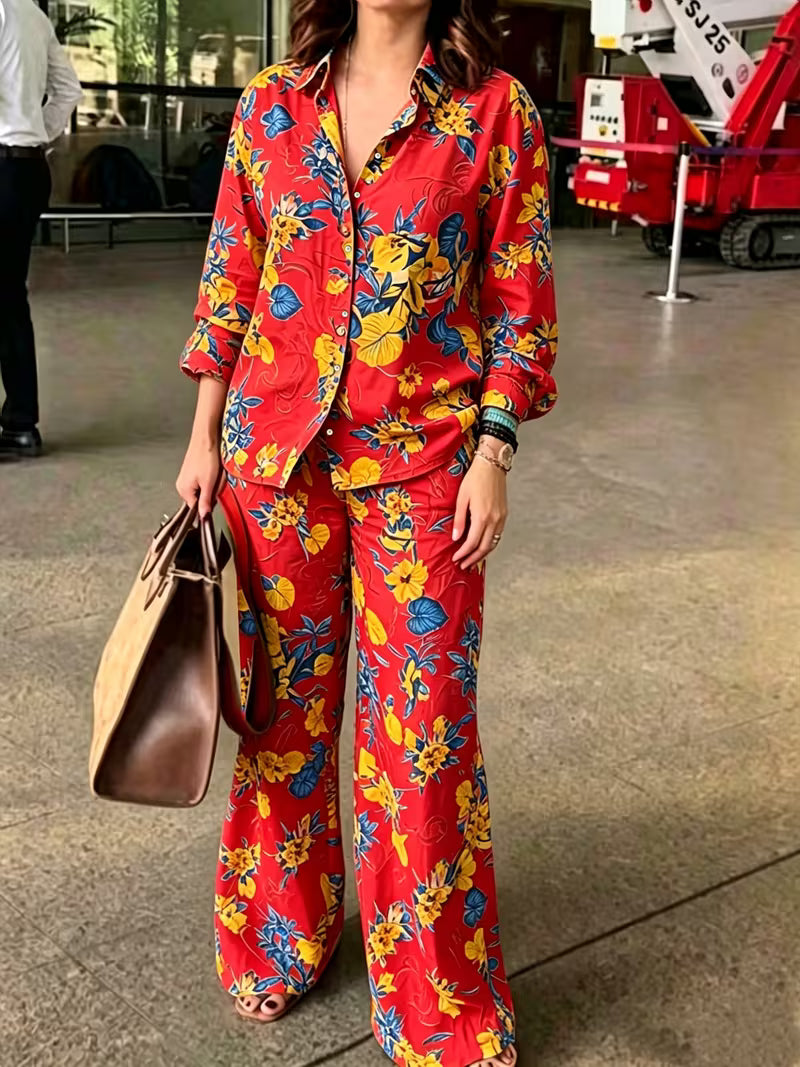 Women's Vintage Floral 2-Piece Co-Ord Set | Botanical Shirt & Straight-Leg Pants