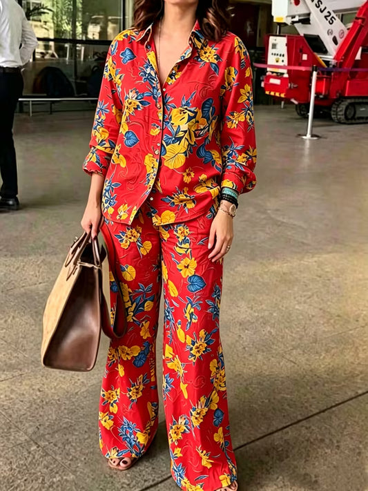 Women's Vintage Floral 2-Piece Co-Ord Set | Botanical Shirt & Straight-Leg Pants
