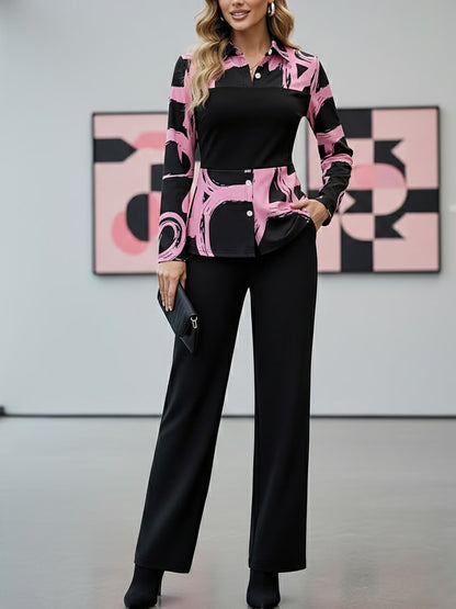 Women's Elegant Long Sleeve Top & Pants Set